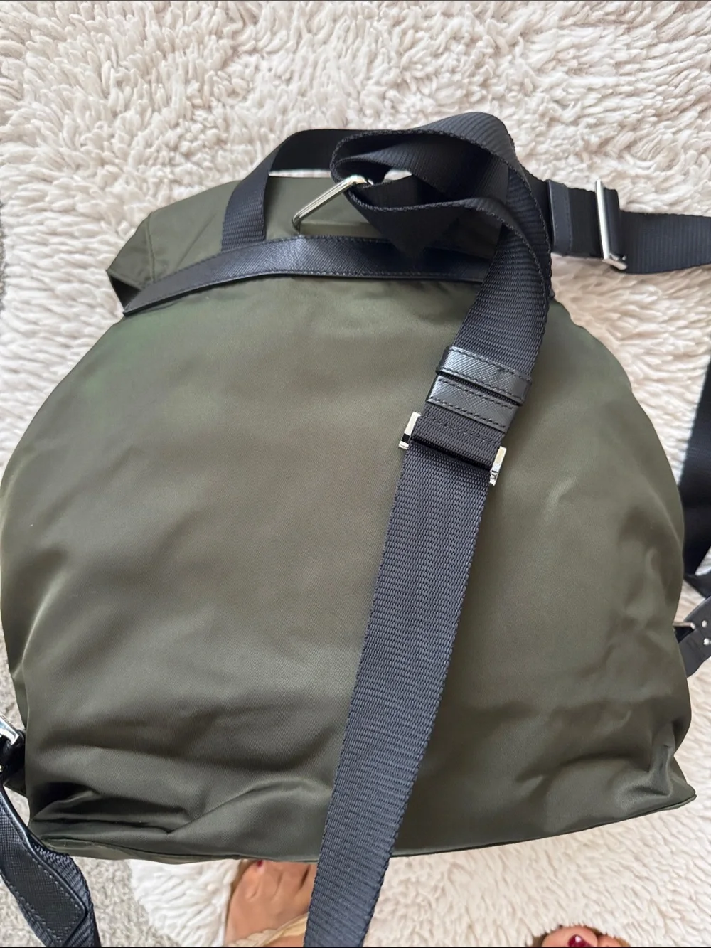 Prada Olive Nylon Backpack with Black Leather Trim